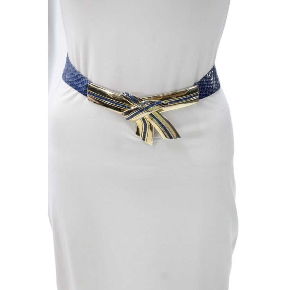 Judith Leiber Womens Leather Snakeskin Print Gold Tone Belt Blue Size One Size